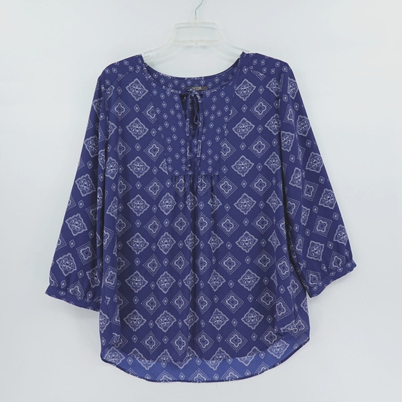 NYDJ Peasant Top Womens Small Blue Geo Print Flowy Boho Chic - Picture 1 of 14